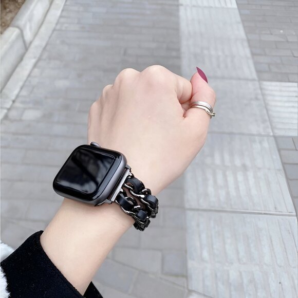 Apple Watch Band Luxury Adjustable Stylish Strap Silver Stainless Chain Black - Picture 2 of 7